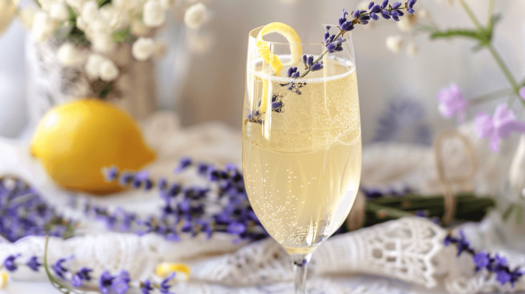 A glass with lemon juice mixed with lavender simple syrup, topped with sparkling wine. Garnished with a lemon twist and a lavender sprig, set on a delicate white lace tablecloth with a soft floral garden background.
