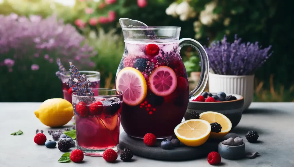 A pitcher and glasses filled with a deep purple lemonade, infused with mixed berries and a hint of lavender, garnished with lemon slices and fresh berries on a garden table.
