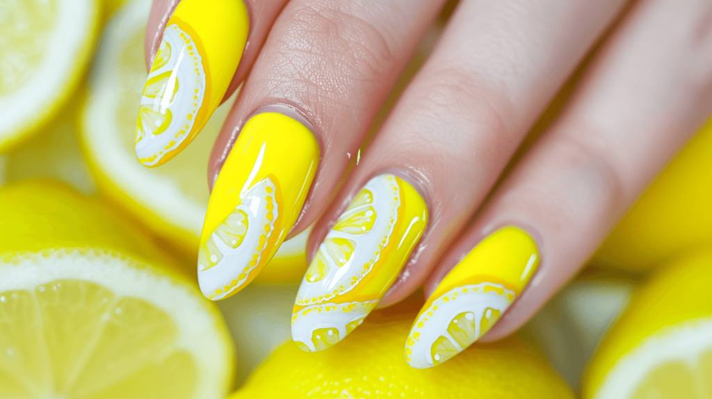 A fresh lemon-themed nail design, with bright yellow nails and a slice of lemon painted on the accent nails, set against a background of fresh lemonade. 