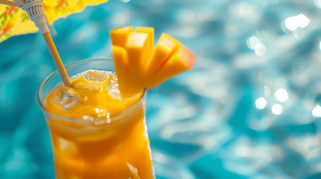 A glass filled with a rich, orange mango drink, topped with slices of mango and a splash of sparkling water, decorated with an umbrella on a poolside table.