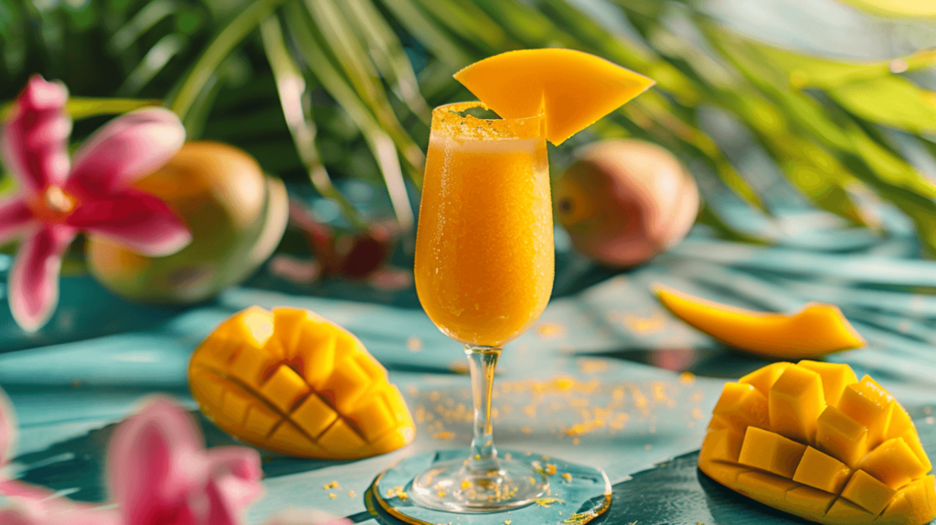 A glass with mango puree at the bottom, topped with sparkling wine. Garnished with a mango slice, set on a tropical-themed table with fresh mangoes and bright, colorful décor.
