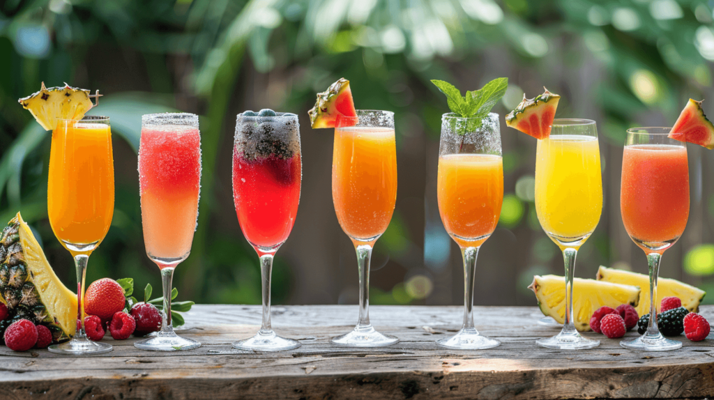 A variety of mimosas arranged on a rustic wooden table set in a vibrant summer garden. Featured mimosas include a classic orange mimosa, berry blast mimosa with a colorful berry puree at the bottom quarter, tropical mimosa with pineapple juice, and watermelon mint mimosa. Each glass is garnished appropriately (orange slice, whole berries, pineapple slice, mint sprig). The scene is bright and cheerful, showcasing the different colorful layers and garnishes of each drink. No green drinks should be present in the image.