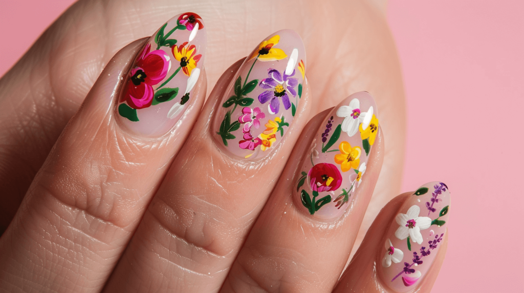 Nails that look like they've been dipped in a summer garden. The base of each nail is painted in a soft, pastel pink, providing a delicate backdrop for the floral artwork. Sprawled across the nails are intricate designs of summer blooms--daisies, roses, and lavender in hues of bright yellow, deep red, and soft purple. Tiny green leaves add a touch of realism, making the floral patterns pop. The overall effect is both elegant and playful, perfect for a sunny garden party or a casual day out. This design combines the joy of summer flowers with the sophistication of detailed nail art, creating a truly beautiful summer statement.