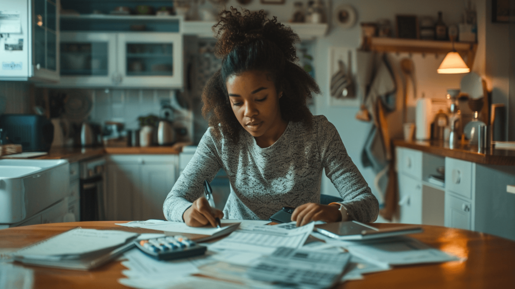 A mom sitting at a kitchen table, focused on going over her budget. The table is filled with receipts, a calculator, and a notebook. She has a thoughtful expression, highlighting her dedication to managing finances. The background shows a cozy, lived-in kitchen with simple decor, emphasizing a practical and down-to-earth atmosphere. The scene is well-lit, giving a warm and relatable vibe. 