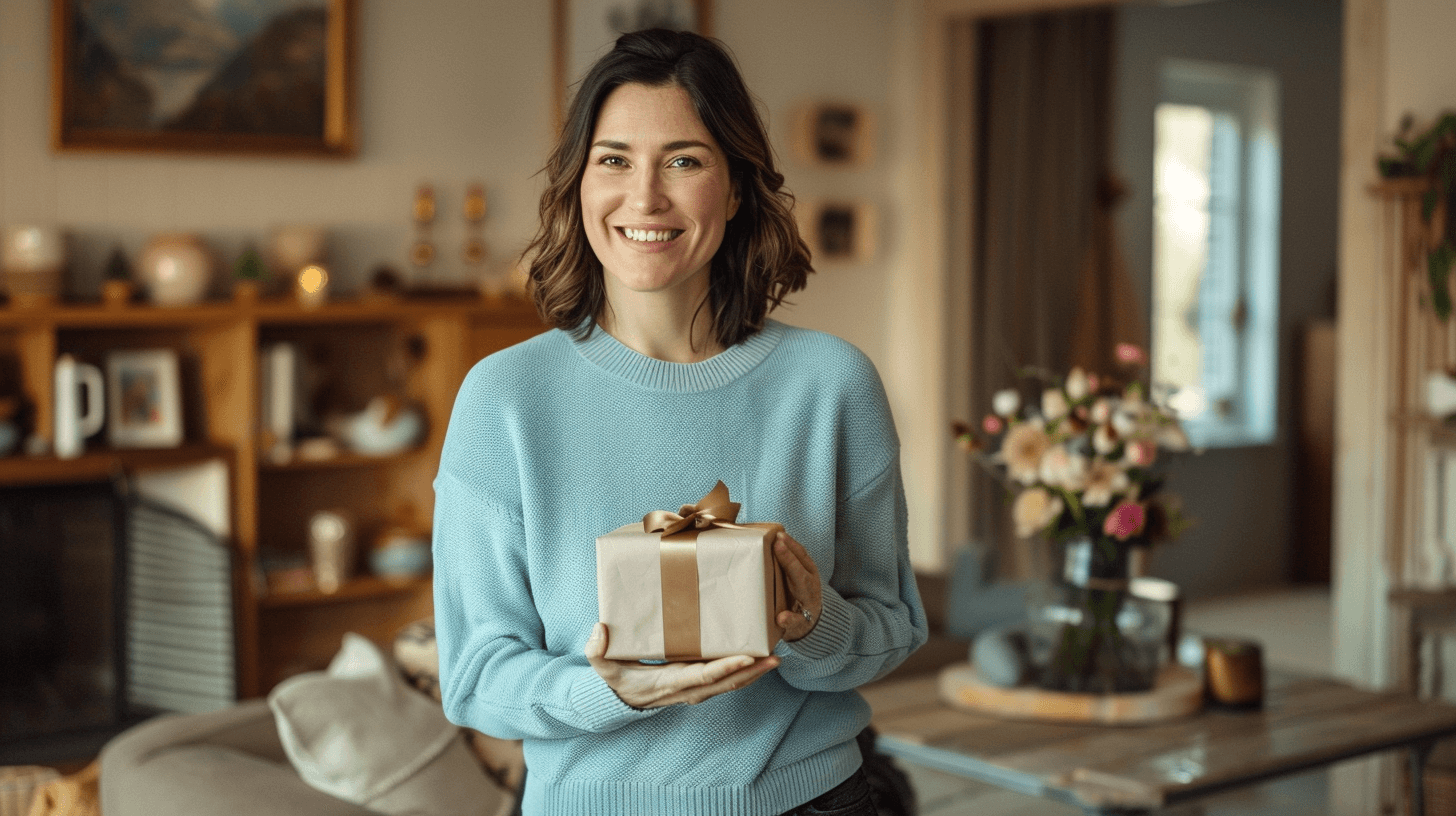 an image of a woman standing in a warmly lit living room. She is in her mid-30s, with shoulder-length brunette hair and a gentle smile. She's wearing a comfortable, casual outfit, like a soft blue sweater and dark jeans. The woman is holding a small, elegantly wrapped gift box with a satin ribbon, suggesting it's a special occasion. The background shows a cozy room with soft furnishings and a few decorative items like a vase with flowers and framed pictures, conveying a homely and inviting atmosphere.