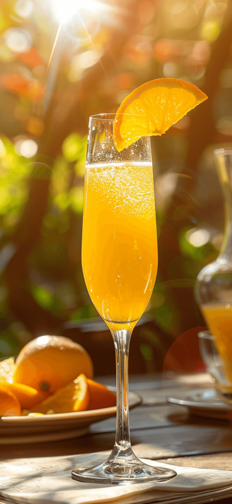 A glass filled halfway with orange juice and topped with sparkling wine, garnished with an orange slice. The background is a sunny brunch table with light food items and a bright, airy setting. 