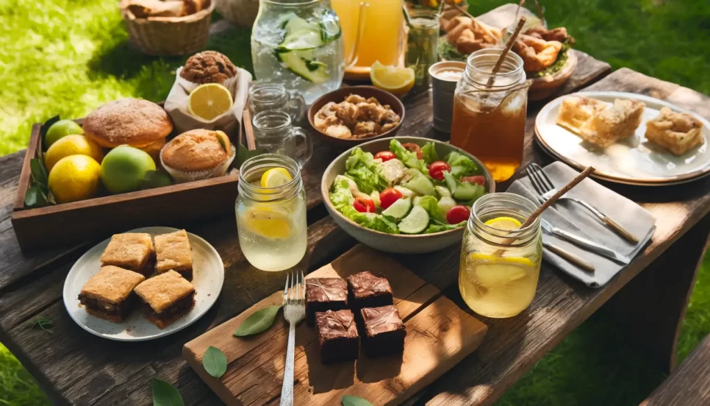 An up-close view of a rustic wooden picnic table shaded by a tree, laden with a variety of picnic fare such as bowls of salads, a tray of desserts like brownies and lemon bars, and cool beverages like iced tea and lemonade.