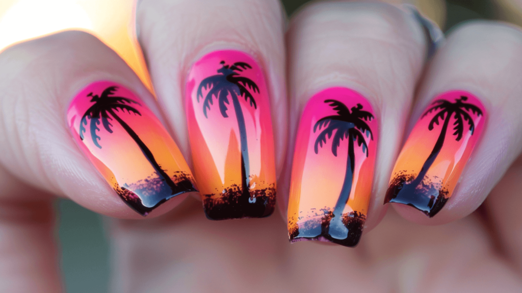 Envision a manicure that captures the breathtaking colors of a tropical island sunset. The nails are painted in a vibrant gradient transitioning from a fiery orange at the base to a deep magenta at the tips, reflecting the colors of the sky as the sun dips below the horizon. Each nail features a delicate silhouette of palm trees in black, adding a serene, island vibe. This design not only dazzles with its color palette but also brings a piece of the tropical paradise right to your fingertips.