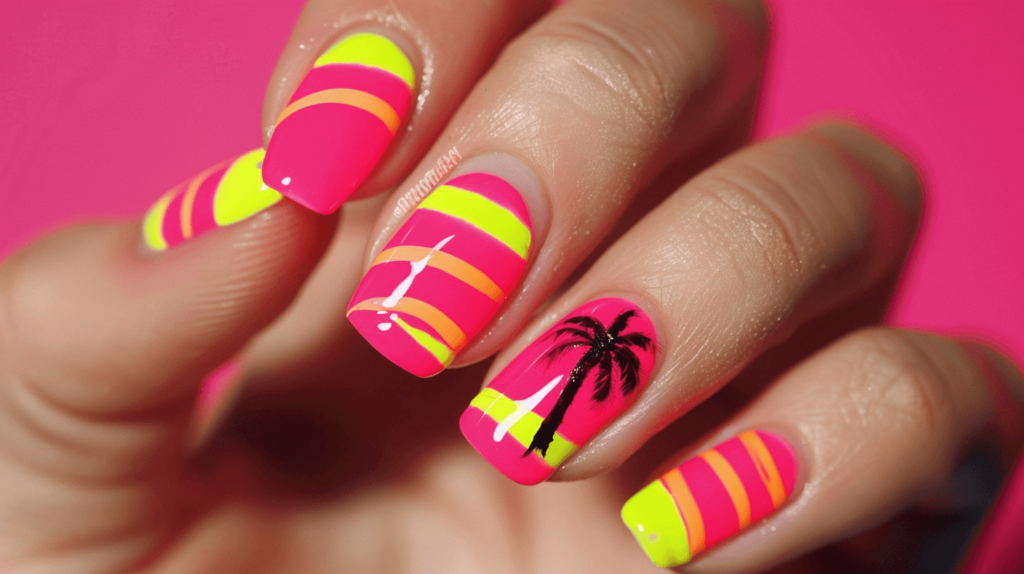 A vibrant manicure featuring neon pink and yellow stripes, perfect for a festive summer party atmosphere, with a subtle palm tree silhouette on the thumb.