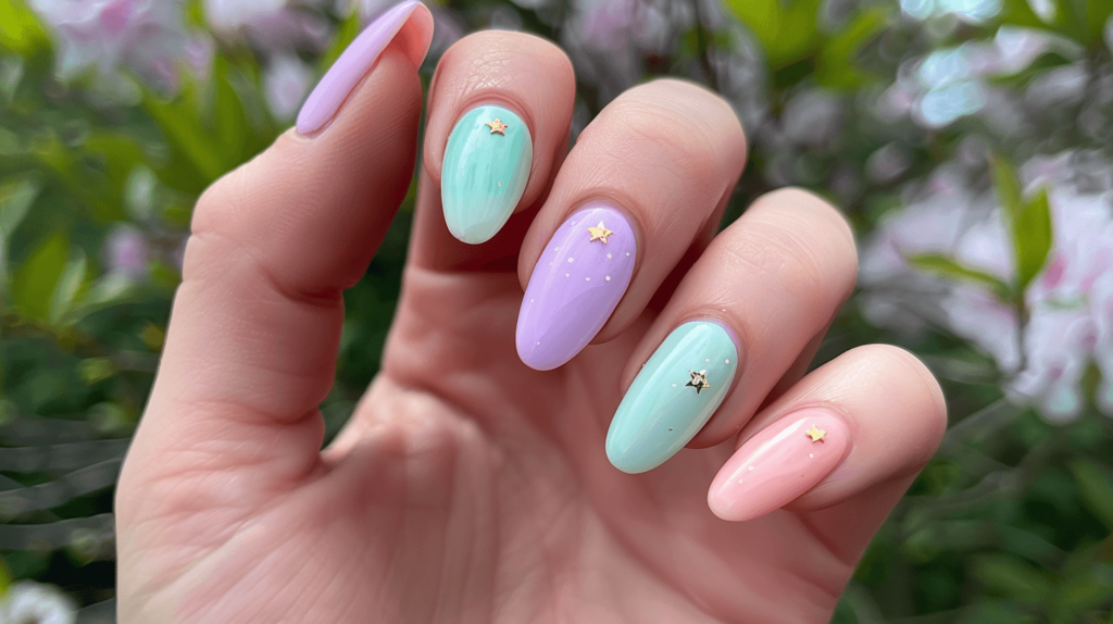 A hand with nails in different pastel colors--soft lavender, mint green, pale pink, and baby blue--each adorned with a tiny, delicate gold star.