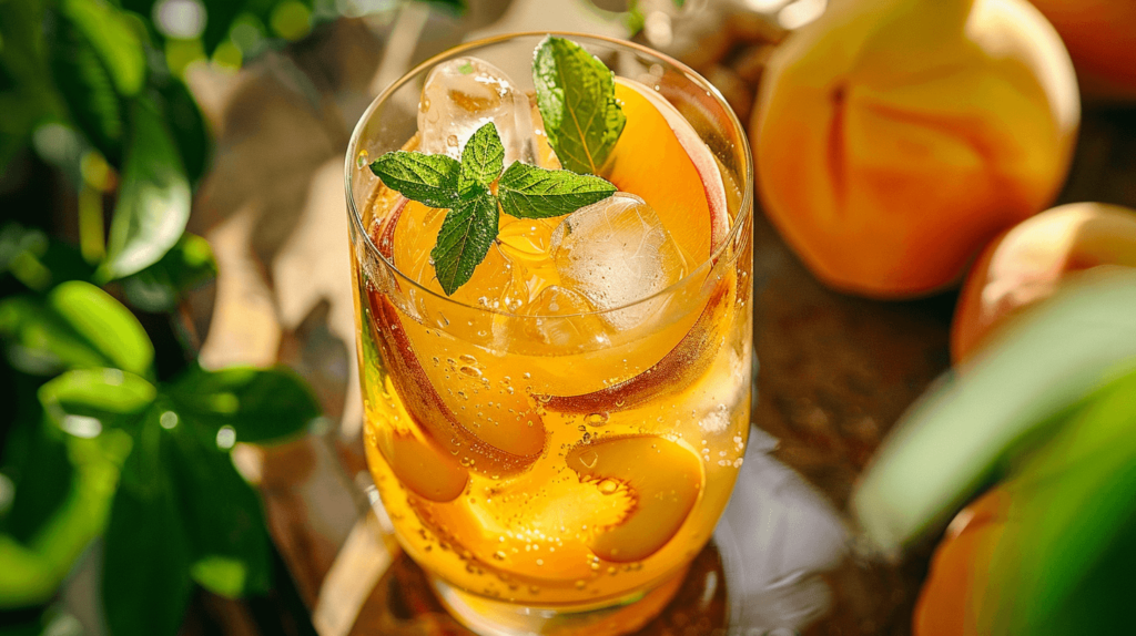 A vibrant healthy summer mocktail featuring slices of ripe peach and thin slices of ginger floating in a bubbly, fizzy drink, served in a clear glass with a backdrop of summer greenery.