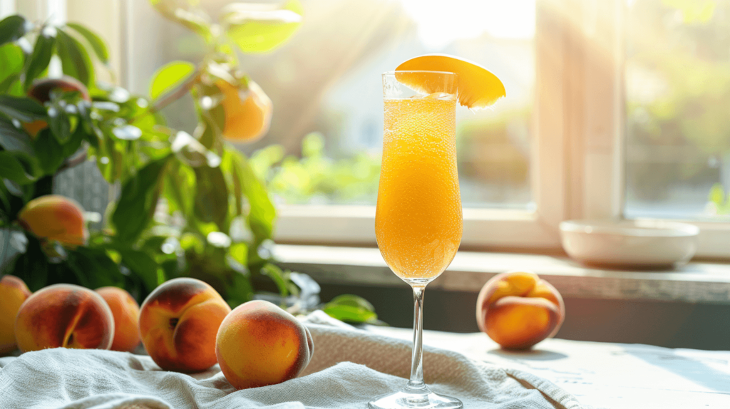 A glass with peach puree at the bottom, topped with sparkling wine. Garnished with a peach slice, placed on a white tablecloth with fresh peaches and a sunny kitchen scene in the background. Summer mimosa