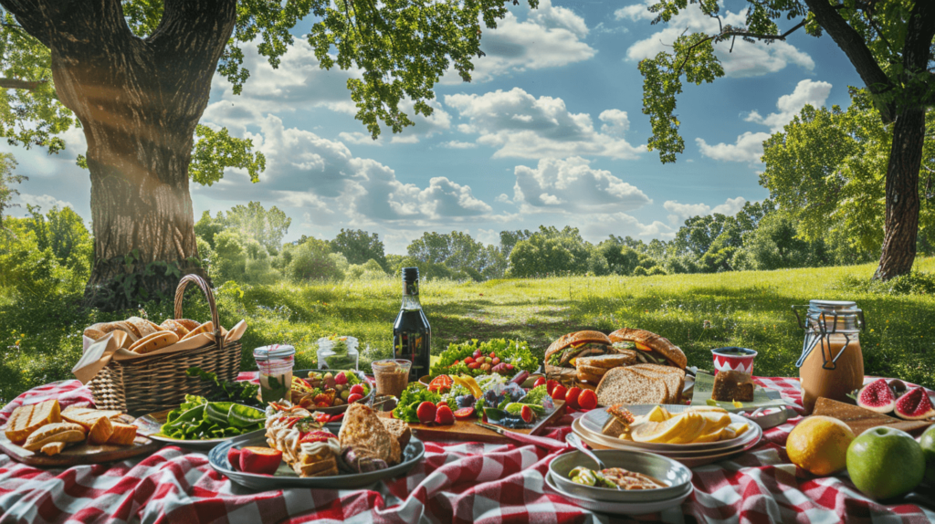 A colorful picnic spread laid out on a checkered blanket in a sunny park, featuring a variety of sandwiches, salads, and a fruit platter, with a picturesque backdrop of green trees and a clear blue sky.