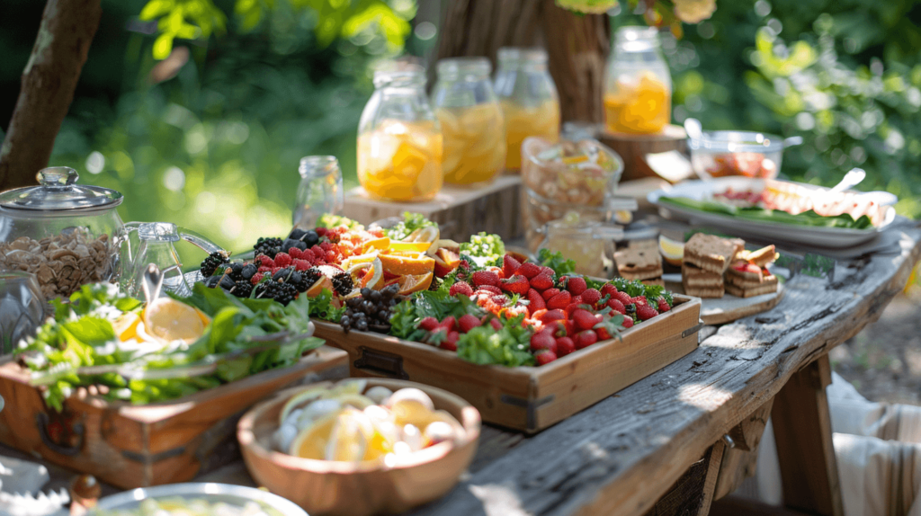 A close-up of a rustic wooden picnic table with a spread of picnic foods including bowls of salads, a tray of sweets like lemon bars and brownies, and refreshing drinks like lemonade and iced tea, set in a shady spot under a tree. 