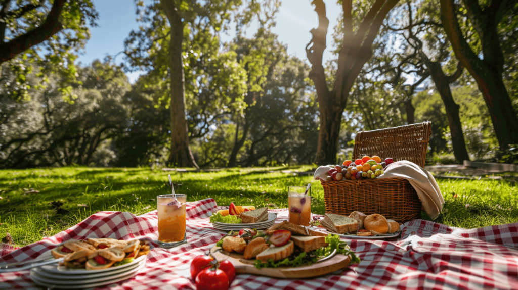 A realistic photo of a picnic setup in a park. A large, checkered blanket is spread out on the grass with a wicker picnic basket filled with various foods like sandwiches, fruits, and snacks. The scene includes plates, utensils, and drinks arranged neatly on the blanket. The background features lush green trees, a clear blue sky, and the inviting ambiance of a sunny day. The image should look like a regular photograph, capturing the serene and enjoyable atmosphere of a summer picnic. 