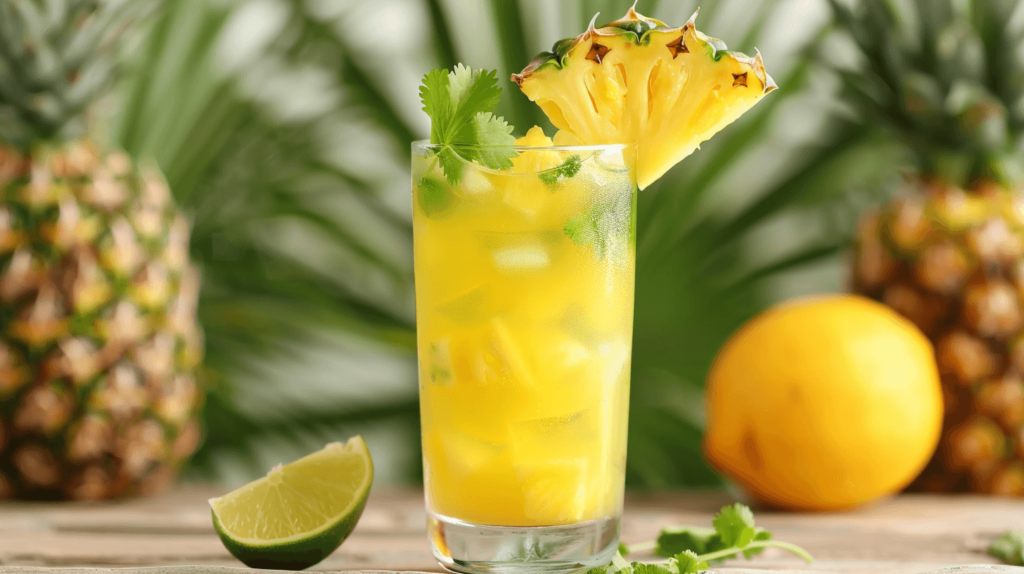 A refreshing and exotic mocktail featuring pineapple and cilantro with a squeeze of lime, served in a clear glass with a tropical decor background. 