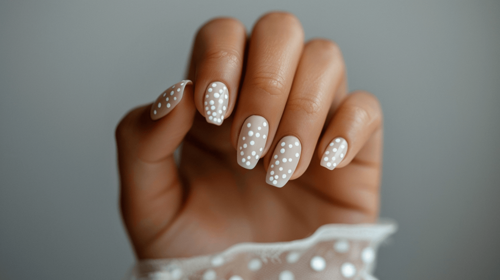 A hand model showing off a subtle yet chic nail design with beige neutral polish and white polka dots, perfect for a minimalist summer look. 