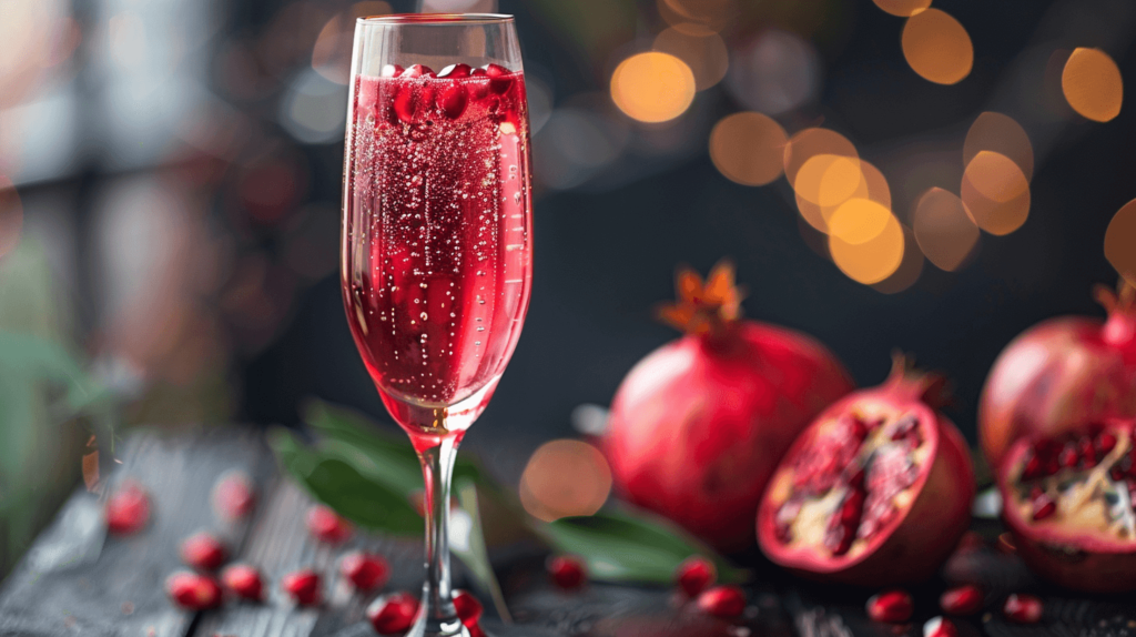 A glass filled halfway with pomegranate juice, topped with sparkling wine. Garnished with pomegranate seeds, placed on a dark wooden table with whole pomegranates and a cozy indoor setting in the background.