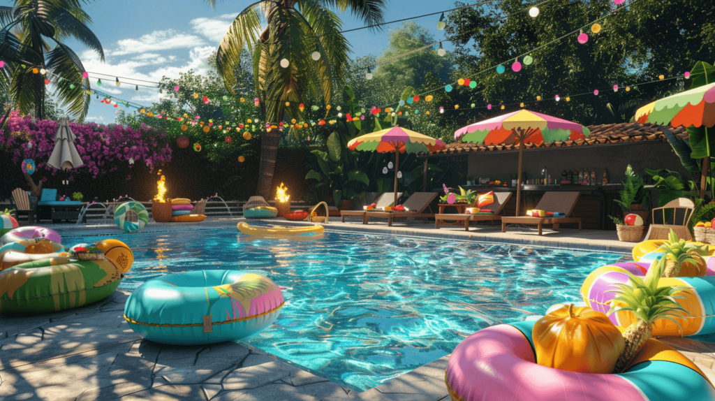 A realistic pool party scene in a backyard with a large swimming pool. The pool is filled with colorful floaties, beach balls, and inflatable palm trees. Around the pool are beach chairs under umbrellas, with Hawaiian shirts and flower leis draped over them. Tiki torches and string lights add a warm, festive glow. Nearby, a food table is set up with tropical fruits and drinks in coconut cups. The overall atmosphere is vibrant, inviting, and summery.