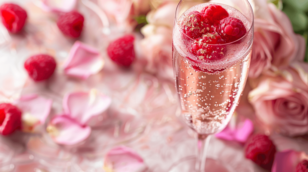 A glass with raspberry puree mixed with rose water, topped with sparkling wine. Garnished with raspberries and a rose petal, placed on an elegant table with soft pink and white floral décor.