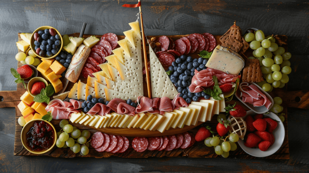 A charcuterie board arranged in the shape of a sailboat. The boat's hull is made from slices of cheddar and gouda cheese, with cured meats like salami and prosciutto arranged to form the body of the boat. The sails are created using triangles of brie and mozzarella, decorated with blueberries and strawberries to add color. The mast is formed using breadsticks, and the surrounding area is filled with an assortment of fresh fruits like grapes, pineapple, and melon balls to represent the sea. Small bowls of dips like honey and fig jam are placed at the edges for added flavor.