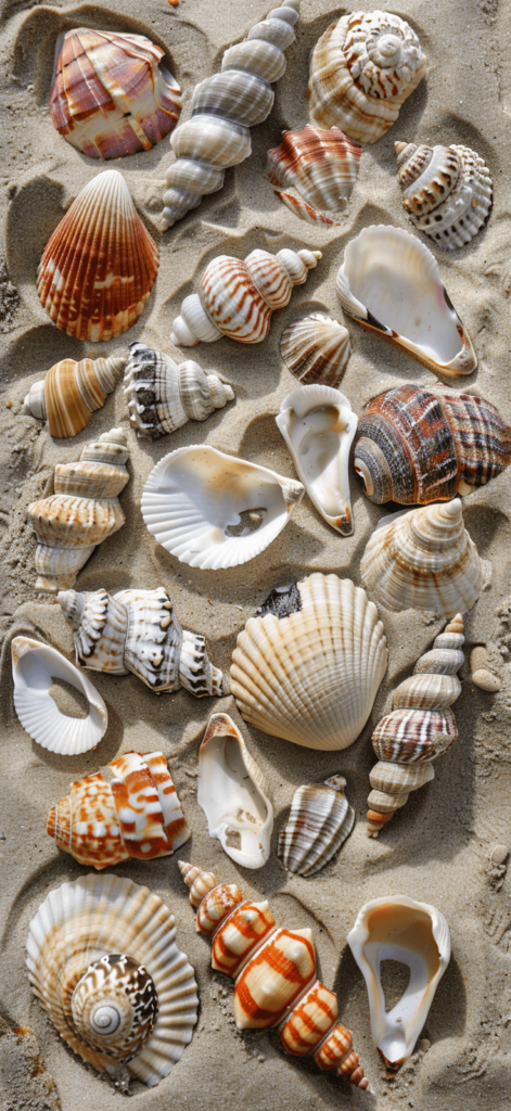 An array of seashells scattered on the sand, different shapes, colors, and patterns, creating a natural beach treasure.