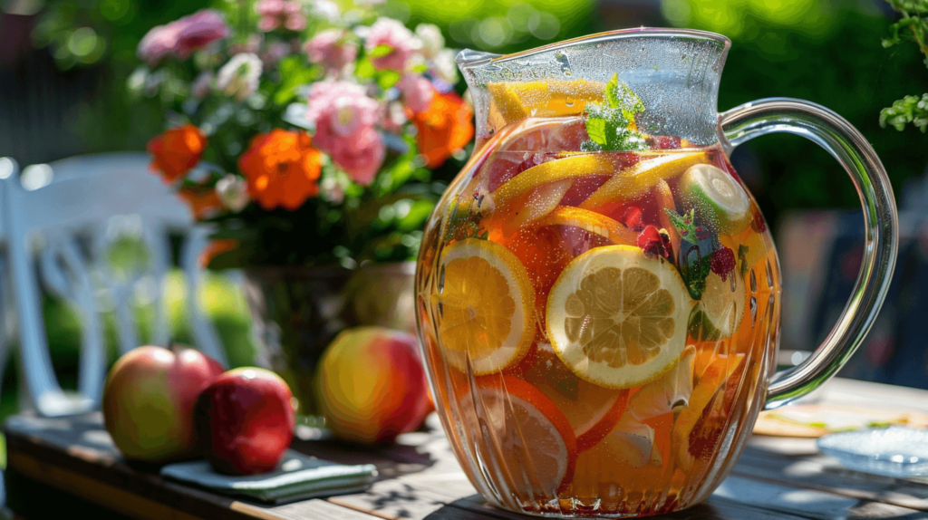 A large glass pitcher filled with a colorful herbal tea sangria, slices of lemon, orange, and apple visible, ready to serve at an afternoon garden party.
