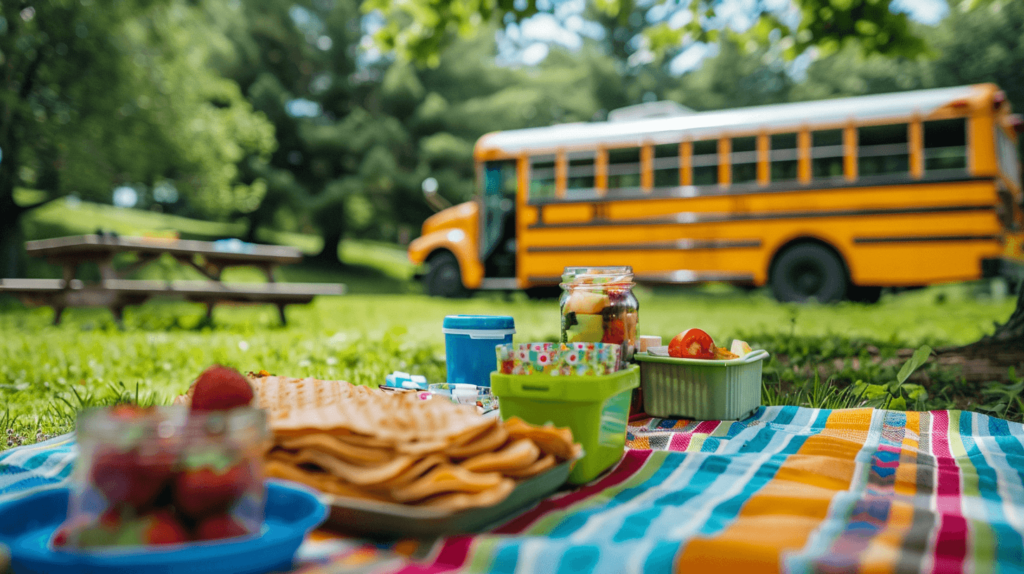 image depicts a colorful, neatly arranged lunch spread for kids' field trips, complete with a bright yellow school bus in the background. The scene is set in a park with greenery, and the lunches are packed in disposable yet eco-friendly containers, laid out on a cheerful picnic blanket. The image evokes a sense of fun, health, and convenience, perfectly complementing the blog post on field trip lunch ideas.