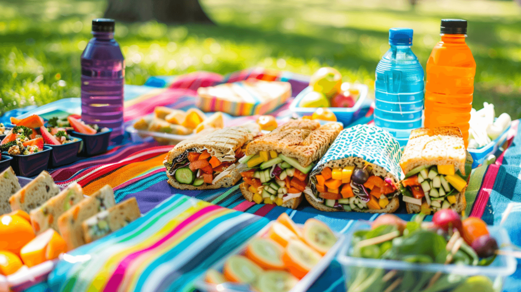 A colorful, neatly arranged lunch spread for kids' field trips, featuring a variety of healthy and kid-friendly options like sandwiches, wraps, fruit slices, vegetable sticks, and reusable water bottles. The lunches are packed in disposable yet eco-friendly containers, laid out on a bright, cheerful picnic blanket in a park setting with greenery in the background. The image should evoke a sense of fun, health, and convenience, ideal for parents planning field trip lunches.