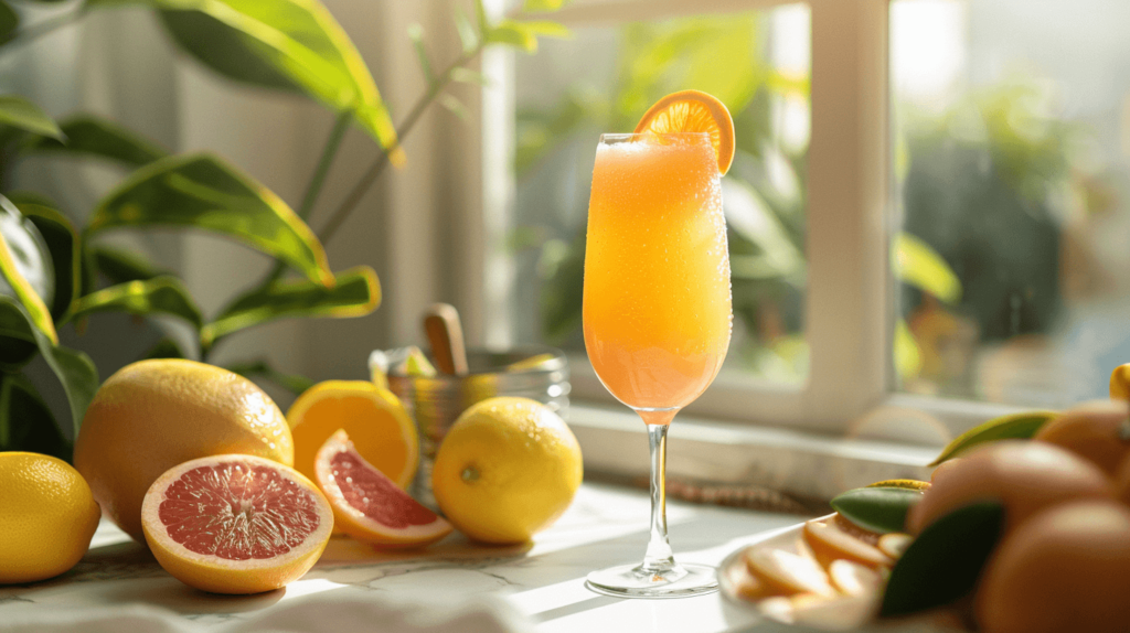 A glass filled with a mix of orange, grapefruit, and lemon juice, topped with sparkling wine. Garnished with a citrus twist, set on a bright breakfast table with various citrus fruits and a morning sunlit window.