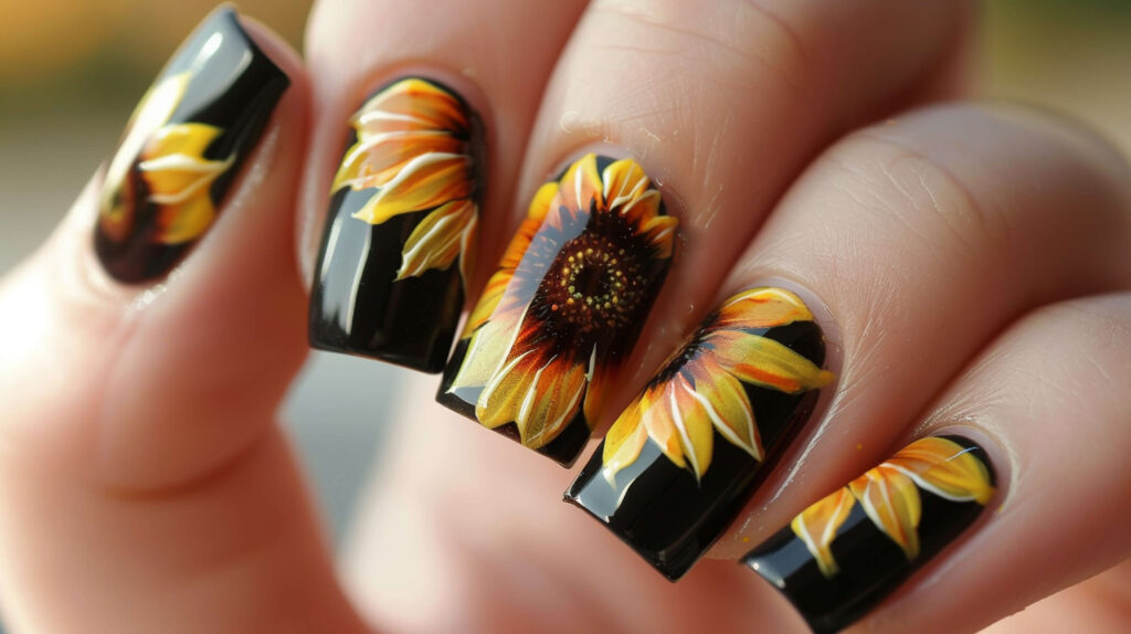 Elegant summer nails painted glossy black with a single, bold sunflower design on each ring finger, highlighting detailed yellow petals and a brown center. 