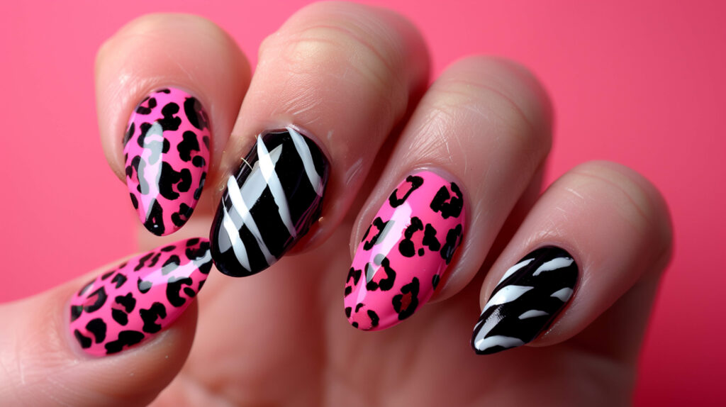 An adventurous nail design with alternating patterns of zebra stripes and leopard spots in black and white on a hot pink background.