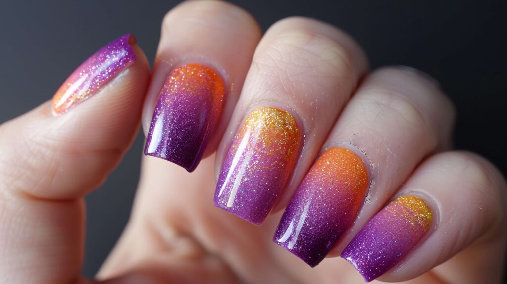 A nail design inspired by summer sunsets, featuring a blend of purple, pink, and orange polish in a smooth gradient, each nail topped with a thin layer of golden shimmer.