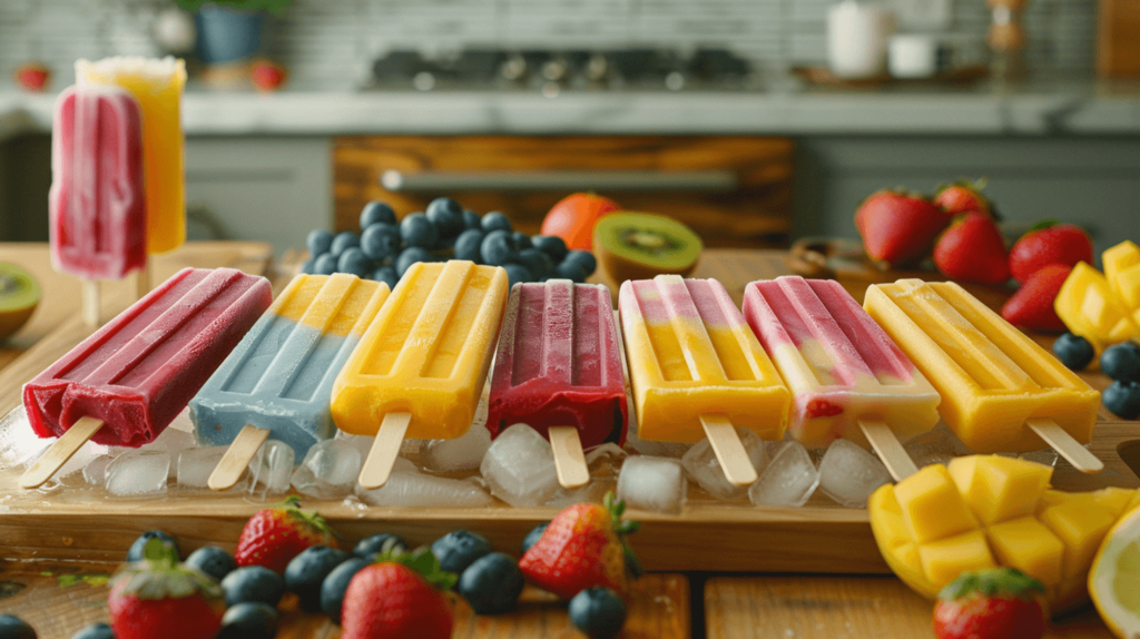 A realistic photo of homemade popsicles arranged neatly on a wooden table. The popsicles are vibrant and colorful, with flavors like strawberry, blueberry, and mango. They are set on a tray with ice cubes, and there are fresh fruits scattered around. The background shows a sunny kitchen with a casual, inviting feel. The image should look like a regular photograph, capturing the freshness and appeal of homemade summer treats. Fun summer ideas