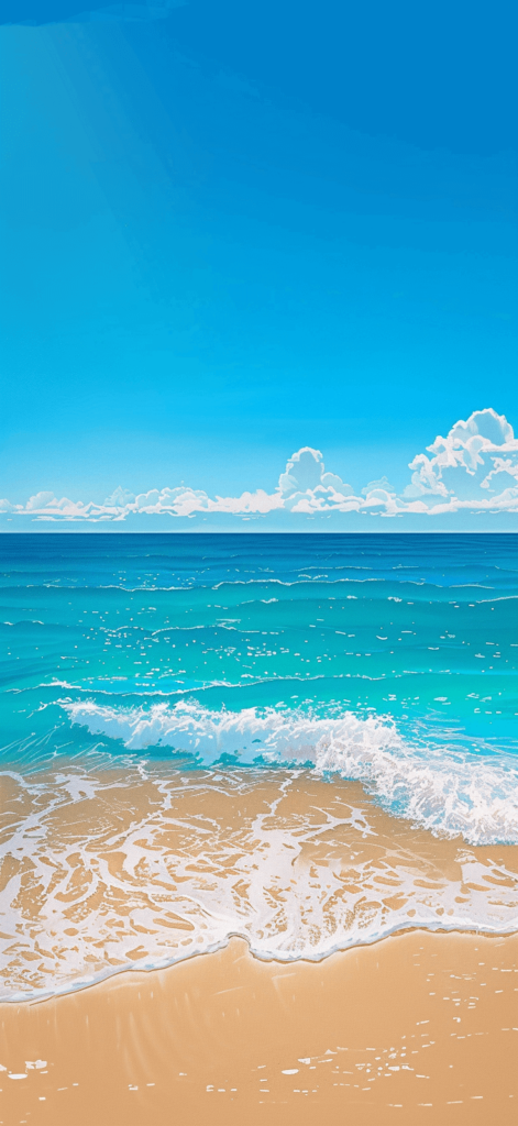 A vibrant beach scene with golden sand, turquoise water, and clear blue skies in realistic photo quality.