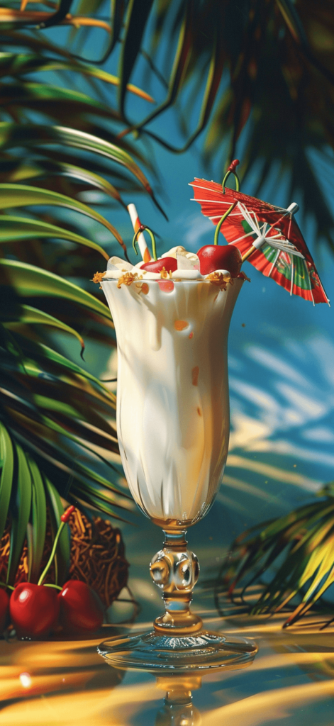A tropical cocktail with a tiny umbrella and a cherry on top, captured in lifelike detail.
