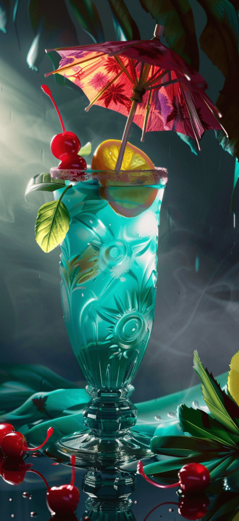 A realistic depiction of a tropical cocktail complete with a little umbrella and cherry on top.


