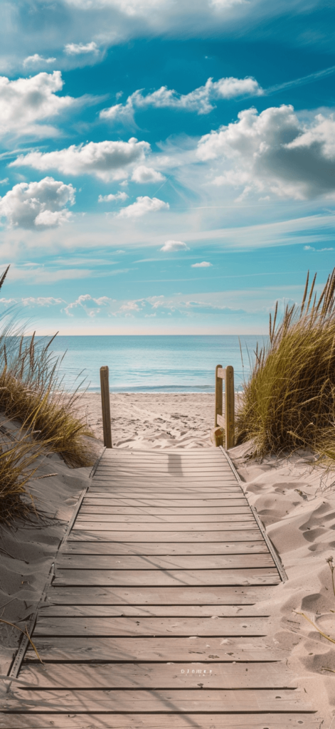 A picturesque boardwalk leading to a calm, sandy beach, depicted in stunning photo-realism.