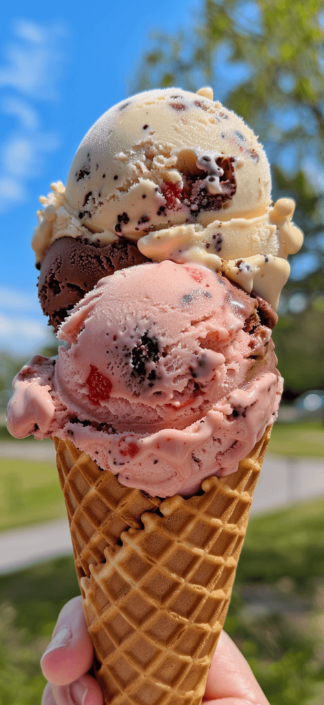 A close-up of three scoops of ice cream in a waffle cone, captured in realistic photo quality. The scoops include classic flavors like strawberry, vanilla, and chocolate, each with a creamy, smooth texture and vibrant colors. The strawberry scoop has real strawberry chunks, the vanilla is dotted with tiny black vanilla bean specks, and the chocolate is rich and dark. The cone is golden and crispy, with a slightly rustic appearance. In the background, there’s a sunny park scene with blurred green trees and a clear blue sky, adding to the summery feel. The lighting is natural, highlighting the ice cream’s glossy surface and making it look irresistibly delicious. summer wallpaper iphone