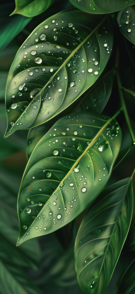 A close-up of tropical leaves with dew drops, rendered in realistic detail.