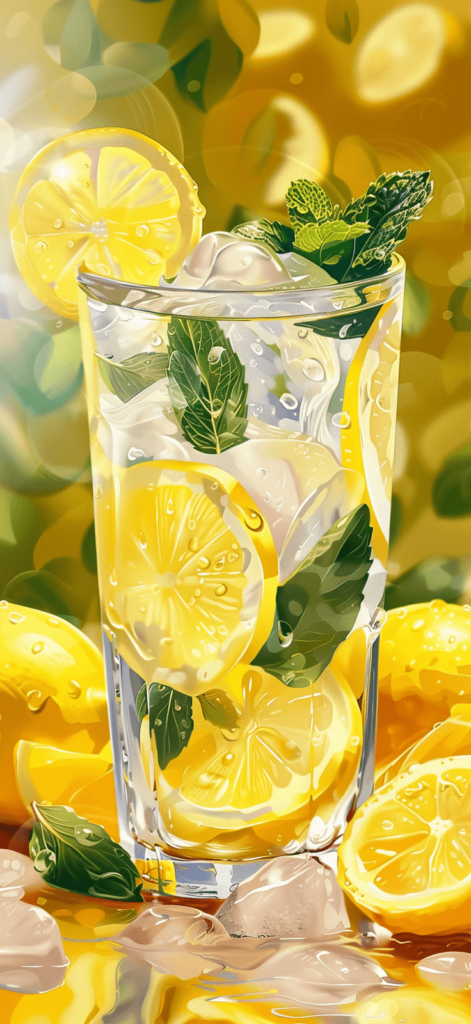 A refreshing glass of lemonade with slices of lemon and mint leaves, captured in realistic detail.