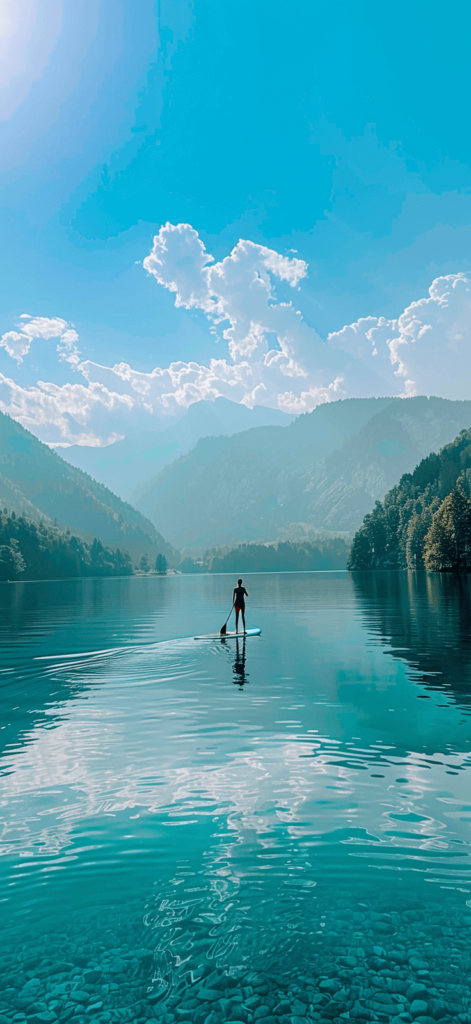 A serene lake with crystal-clear water, surrounded by lush green mountains in the background. A person is standing on a paddleboard in the middle of the lake, their silhouette reflecting in the calm water. The individual is wearing a bright-colored swimsuit, adding a pop of color to the tranquil scene. The sky is a brilliant blue with a few fluffy clouds, and the sun is shining brightly, casting a warm glow over the entire landscape. The overall atmosphere is peaceful and inviting, capturing the essence of a perfect summer day.