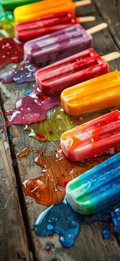 Colorful popsicles melting on a wooden table, photographed with crisp, realistic clarity. The scene includes a variety of flavors such as cherry, orange, lime, and blueberry, with vibrant colors dripping down the sides of the popsicles. The wooden table has a rustic, weathered texture, with a few droplets of melted popsicle pooling around the sticks. The background is slightly blurred to focus on the popsicles, giving the image a warm, summery feel. The lighting is natural, highlighting the glossy, refreshing appearance of the melting popsicles.