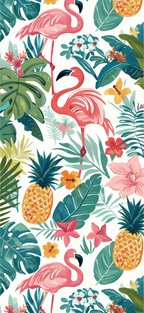 A summer wallpaper design inspired by Lilly Pulitzer, showcasing a lively and colorful pattern of flamingos, pineapples, and exotic flowers. The design is filled with bright hues of coral, teal, and lime green, with detailed illustrations of tropical plants and animals. The background is a crisp white, making the vibrant colors pop, and giving the wallpaper a fun, energetic, and summery feel.