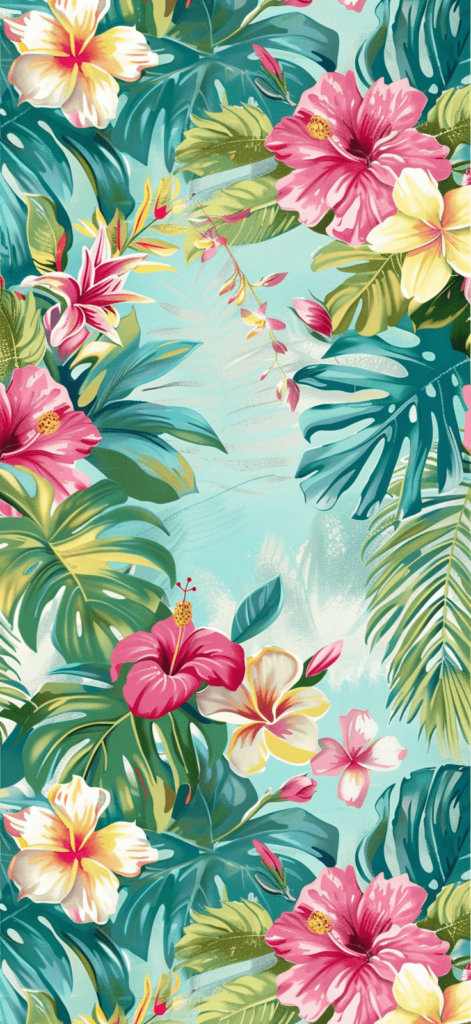 A vibrant and detailed summer wallpaper inspired by a Lilly Pulitzer print, featuring an intricate pattern of tropical flowers like hibiscus, plumeria, and bougainvillea. The design includes lush green palm leaves and splashes of bright colors such as pink, turquoise, and yellow. The background is a soft, pastel blue, creating a cheerful and lively atmosphere reminiscent of a tropical paradise. Summer iPhone wallpaper.