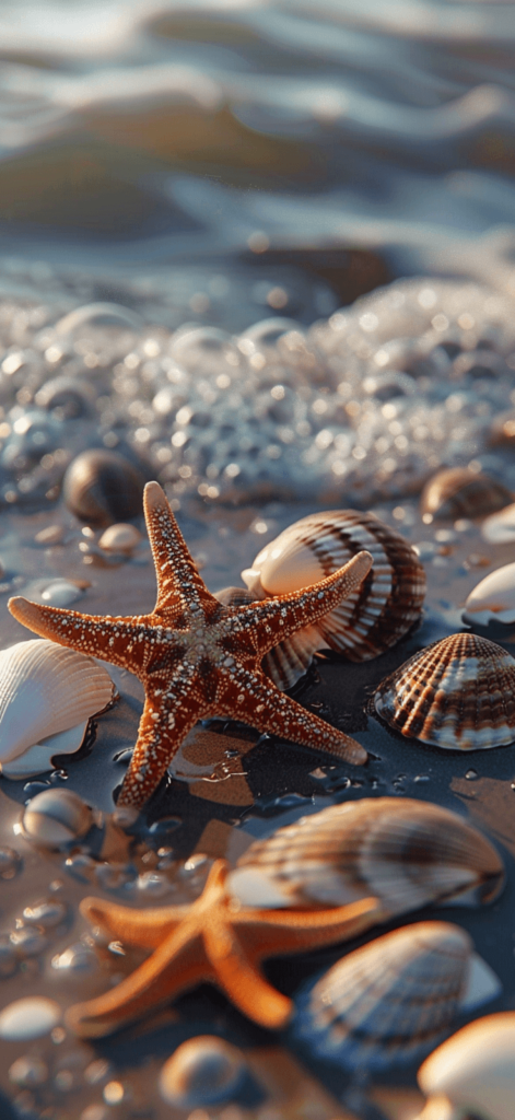 A close-up of seashells and starfish on the shore, rendered in realistic photo quality.