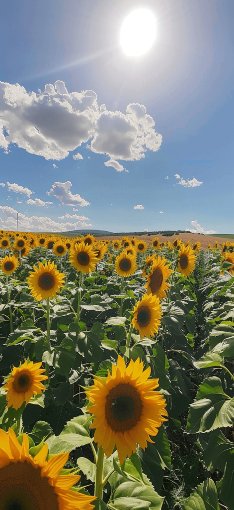 A field of sunflowers under a bright, sunny sky, photographed with crisp, realistic clarity. Summer iPhone wallpaper.