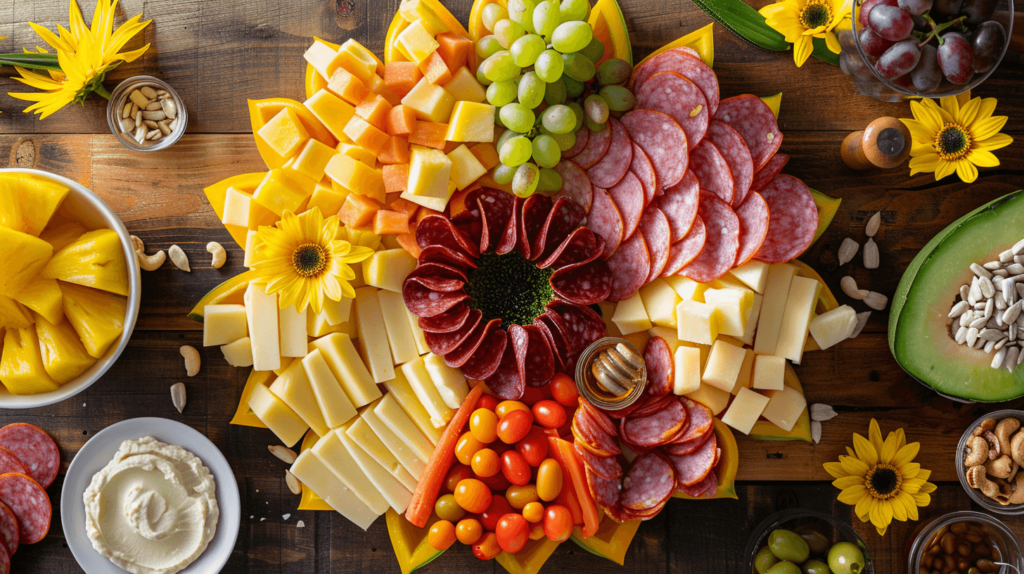 A sunflower-shaped charcuterie board with yellow cheddar and Colby cheese cut into petal shapes, pepperoni and turkey slices arranged as the center. Pineapple chunks, cantaloupe, and grapes fill the spaces around the petals. Yellow bell pepper strips and baby carrots form additional petals. Cashews and sunflower seeds are scattered on the board, with small bowls of hummus and honey placed around.