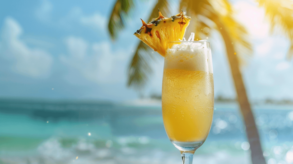 Summer mimosa: A glass with a blend of pineapple juice and coconut water, topped with sparkling wine. Garnished with a pineapple slice and coconut shavings, set against a tropical beach background with palm trees and bright blue skies.