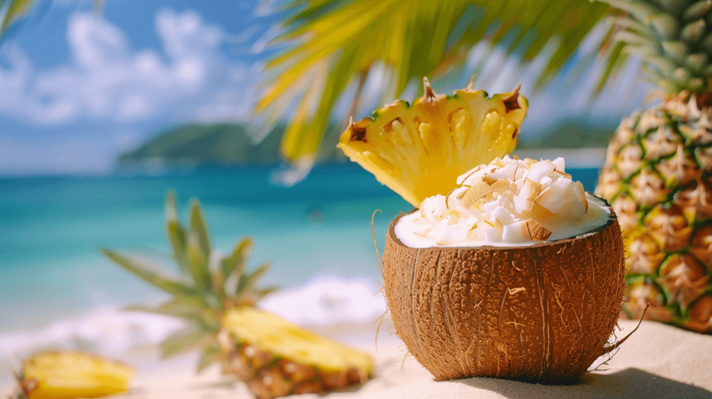 A tropical smoothie in a coconut shell, blended with pineapple chunks and coconut milk, garnished with a pineapple slice and shredded coconut on a beach setting.